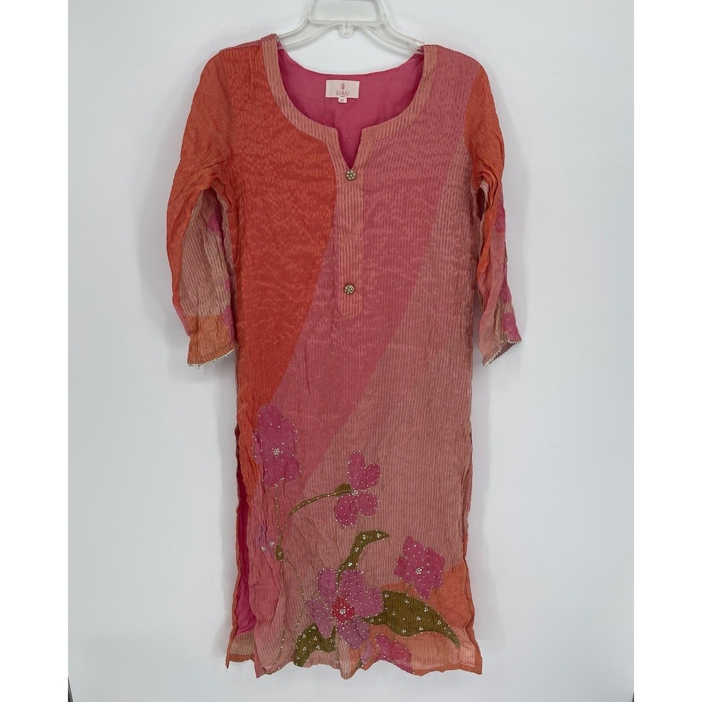 Karaj‎ Jaipur Women's Pink Floral Beaded 3/4 Sleeve Kurta Tunic Dress Size M